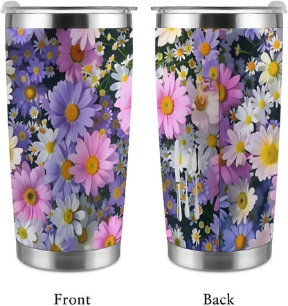 Butterflies Bees Pink Purple White Flowers 20 Oz Insulated Tumbler with Lid And Straw, Double Silver Rim Stainless Steel Travel Coffee Mug, Vacuum Leakproof Cup for Car, Office & Camping
