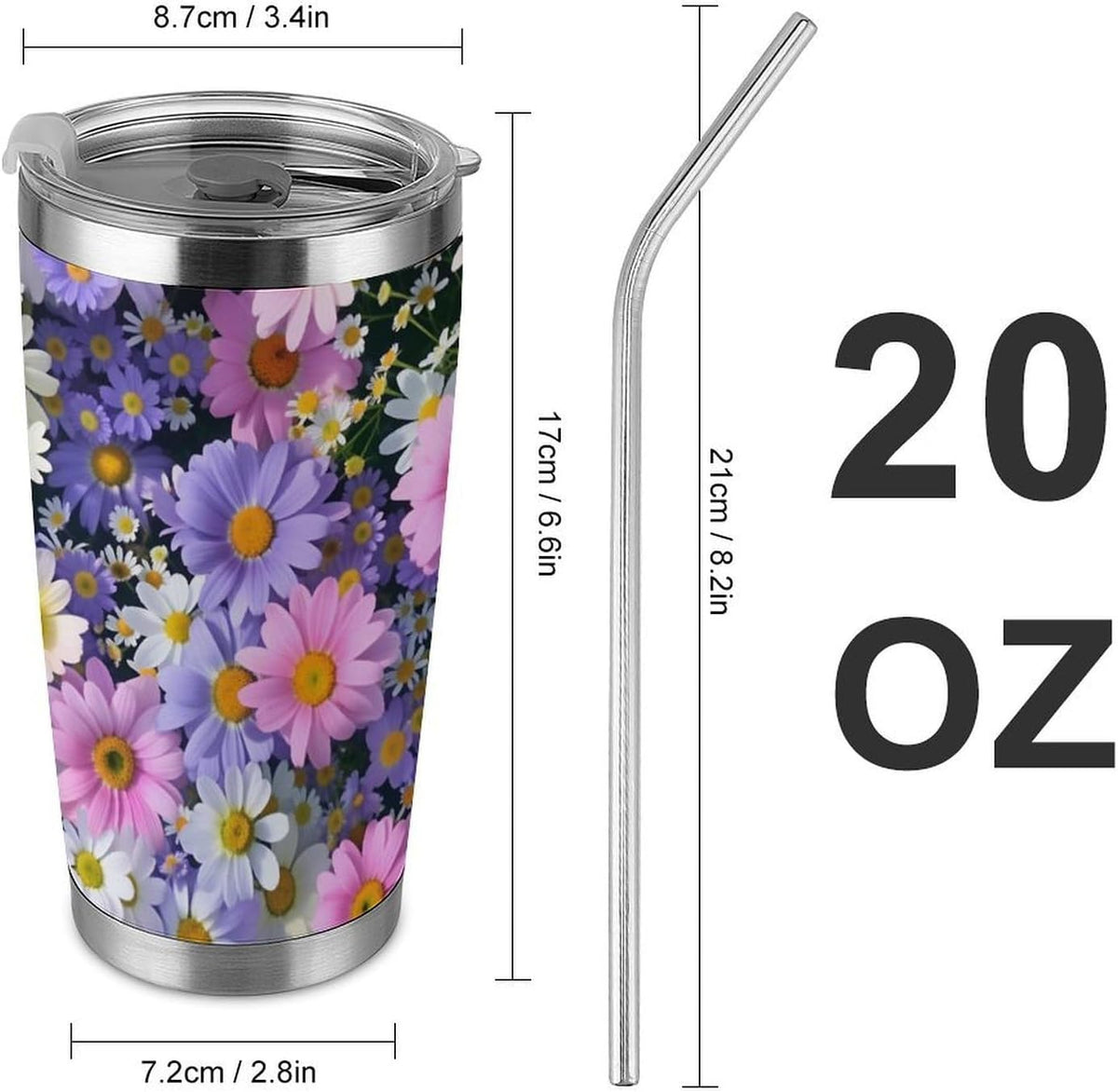 Butterflies Bees Pink Purple White Flowers 20 Oz Insulated Tumbler with Lid And Straw, Double Silver Rim Stainless Steel Travel Coffee Mug, Vacuum Leakproof Cup for Car, Office & Camping