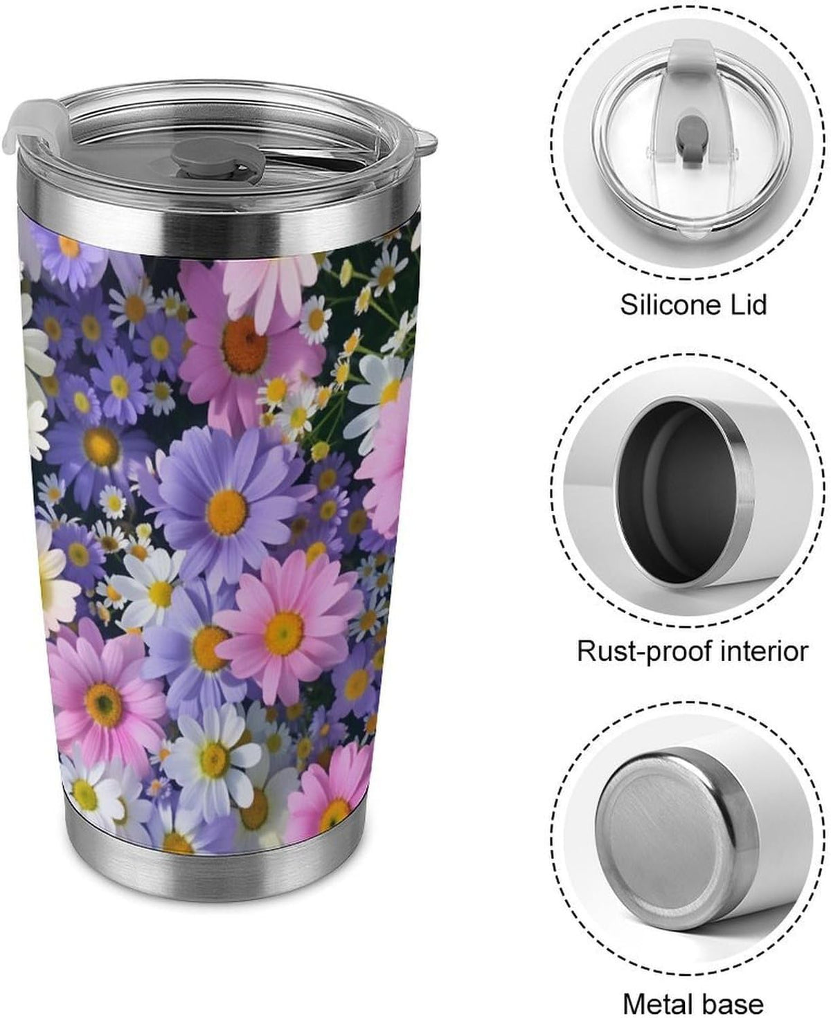 Butterflies Bees Pink Purple White Flowers 20 Oz Insulated Tumbler with Lid And Straw, Double Silver Rim Stainless Steel Travel Coffee Mug, Vacuum Leakproof Cup for Car, Office & Camping