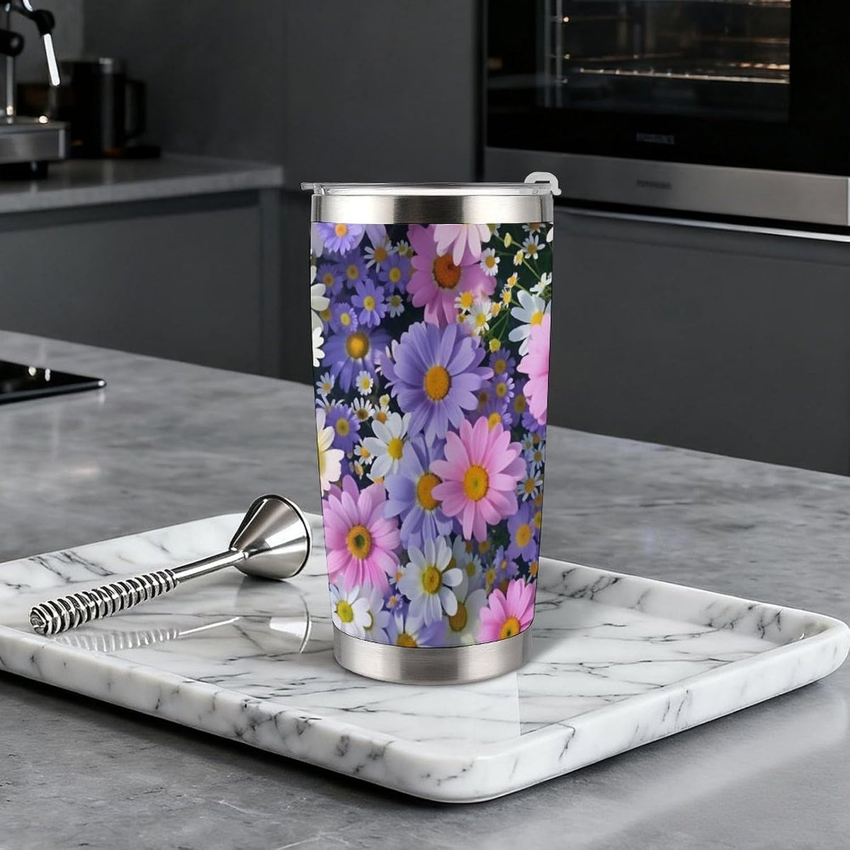 Butterflies Bees Pink Purple White Flowers 20 Oz Insulated Tumbler with Lid And Straw, Double Silver Rim Stainless Steel Travel Coffee Mug, Vacuum Leakproof Cup for Car, Office & Camping