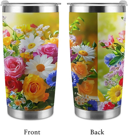 Butterflies Bees Pink Purple White Flowers 20 Oz Insulated Tumbler with Lid And Straw, Double Silver Rim Stainless Steel Travel Coffee Mug, Vacuum Leakproof Cup for Car, Office & Camping