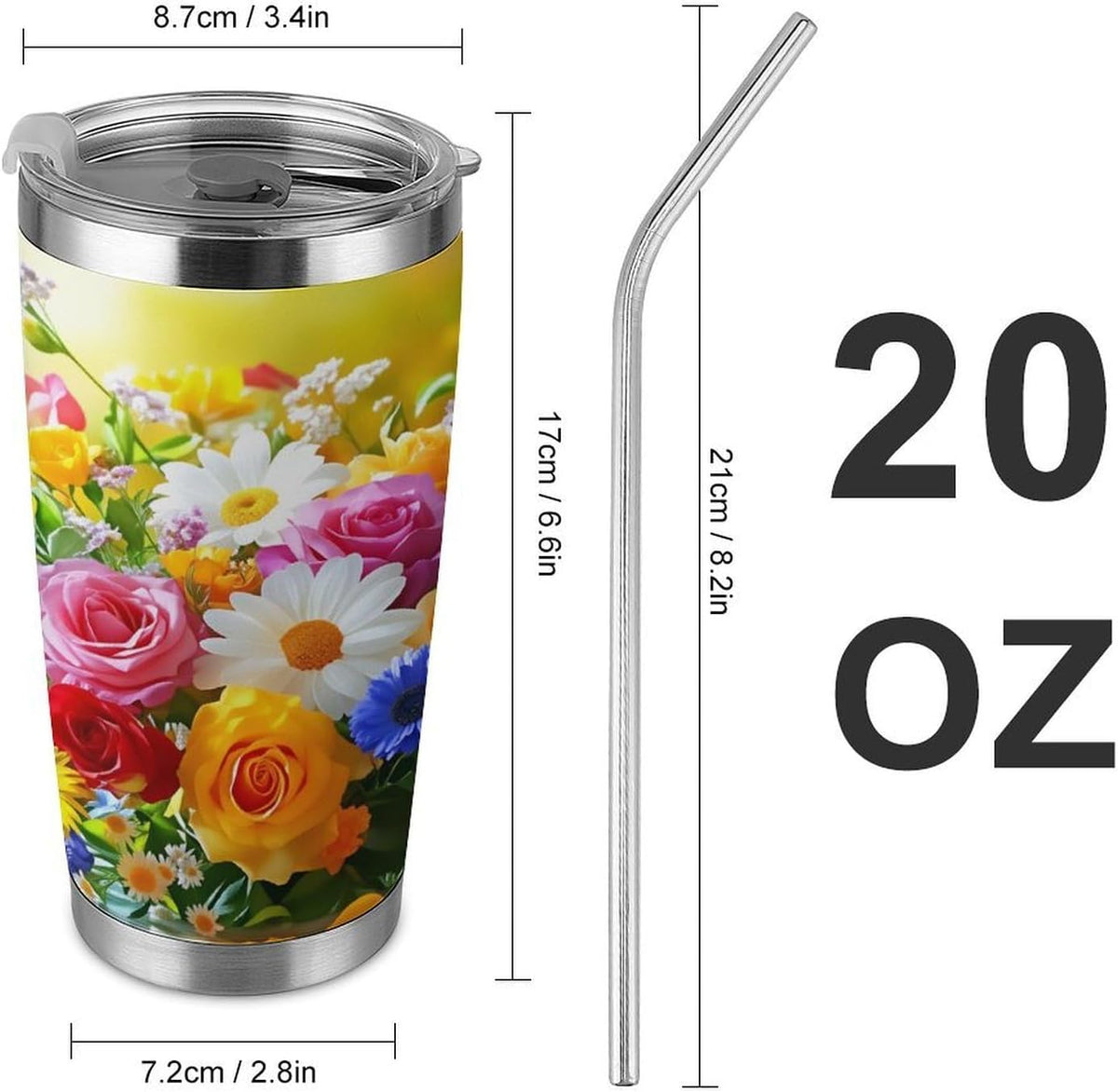 Butterflies Bees Pink Purple White Flowers 20 Oz Insulated Tumbler with Lid And Straw, Double Silver Rim Stainless Steel Travel Coffee Mug, Vacuum Leakproof Cup for Car, Office & Camping