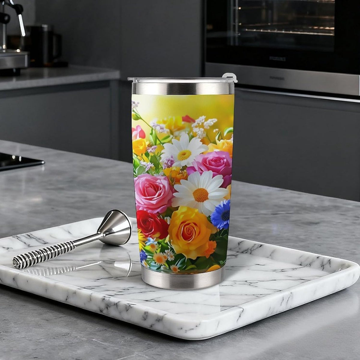 Butterflies Bees Pink Purple White Flowers 20 Oz Insulated Tumbler with Lid And Straw, Double Silver Rim Stainless Steel Travel Coffee Mug, Vacuum Leakproof Cup for Car, Office & Camping