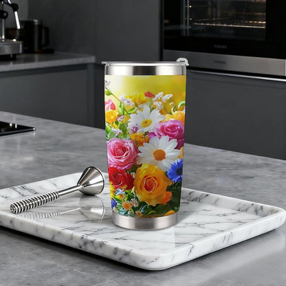 Butterflies Bees Pink Purple White Flowers 20 Oz Insulated Tumbler with Lid And Straw, Double Silver Rim Stainless Steel Travel Coffee Mug, Vacuum Leakproof Cup for Car, Office & Camping