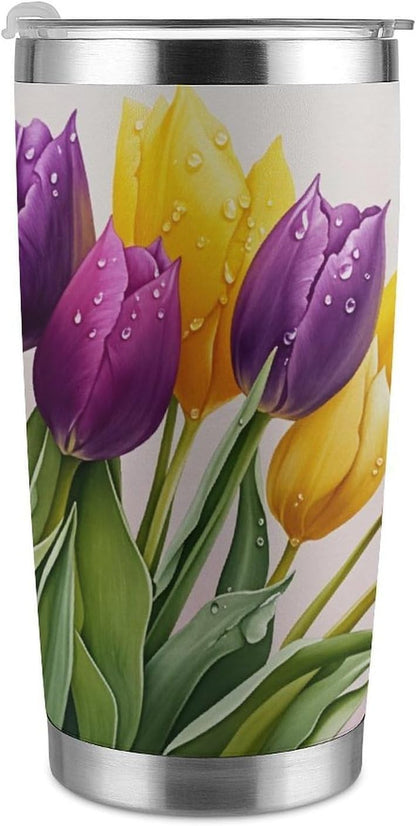 Butterflies Bees Pink Purple White Flowers 20 Oz Insulated Tumbler with Lid And Straw, Double Silver Rim Stainless Steel Travel Coffee Mug, Vacuum Leakproof Cup for Car, Office & Camping