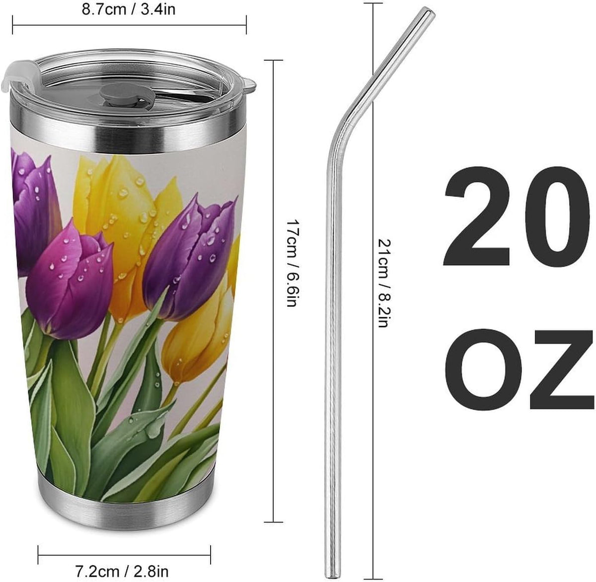 Butterflies Bees Pink Purple White Flowers 20 Oz Insulated Tumbler with Lid And Straw, Double Silver Rim Stainless Steel Travel Coffee Mug, Vacuum Leakproof Cup for Car, Office & Camping