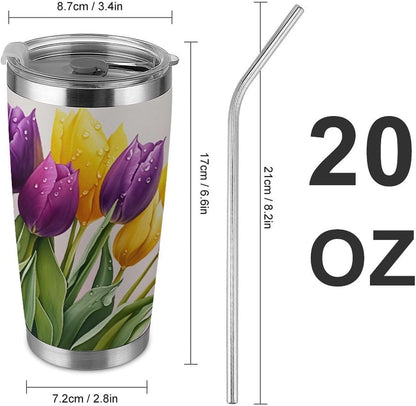 Butterflies Bees Pink Purple White Flowers 20 Oz Insulated Tumbler with Lid And Straw, Double Silver Rim Stainless Steel Travel Coffee Mug, Vacuum Leakproof Cup for Car, Office & Camping