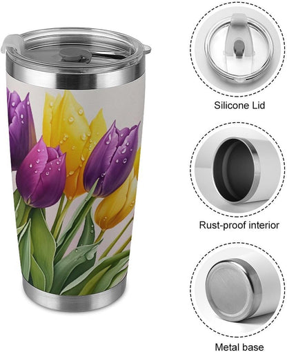 Butterflies Bees Pink Purple White Flowers 20 Oz Insulated Tumbler with Lid And Straw, Double Silver Rim Stainless Steel Travel Coffee Mug, Vacuum Leakproof Cup for Car, Office & Camping