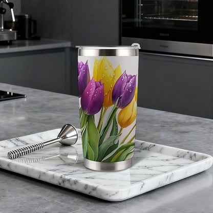 Butterflies Bees Pink Purple White Flowers 20 Oz Insulated Tumbler with Lid And Straw, Double Silver Rim Stainless Steel Travel Coffee Mug, Vacuum Leakproof Cup for Car, Office & Camping