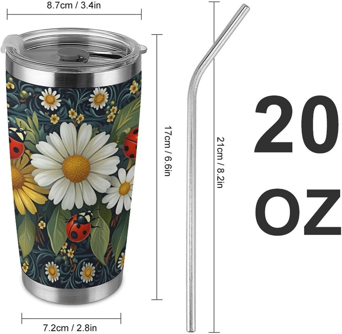 Butterflies Bees Pink Purple White Flowers 20 Oz Insulated Tumbler with Lid And Straw, Double Silver Rim Stainless Steel Travel Coffee Mug, Vacuum Leakproof Cup for Car, Office & Camping