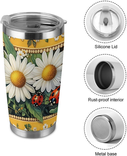 Butterflies Bees Pink Purple White Flowers 20 Oz Insulated Tumbler with Lid And Straw, Double Silver Rim Stainless Steel Travel Coffee Mug, Vacuum Leakproof Cup for Car, Office & Camping