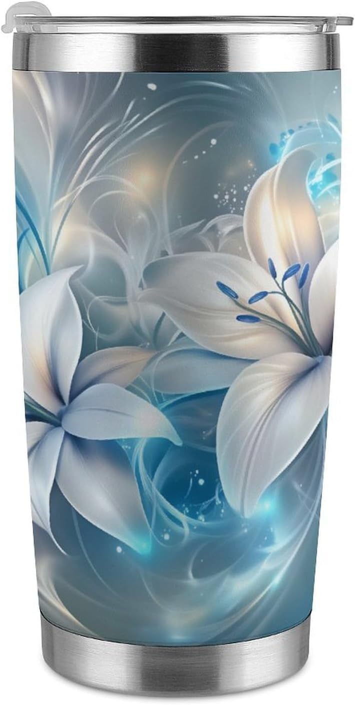 Butterflies Bees Pink Purple White Flowers 20 Oz Insulated Tumbler with Lid And Straw, Double Silver Rim Stainless Steel Travel Coffee Mug, Vacuum Leakproof Cup for Car, Office & Camping