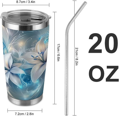 Butterflies Bees Pink Purple White Flowers 20 Oz Insulated Tumbler with Lid And Straw, Double Silver Rim Stainless Steel Travel Coffee Mug, Vacuum Leakproof Cup for Car, Office & Camping