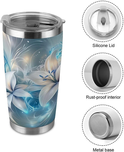 Butterflies Bees Pink Purple White Flowers 20 Oz Insulated Tumbler with Lid And Straw, Double Silver Rim Stainless Steel Travel Coffee Mug, Vacuum Leakproof Cup for Car, Office & Camping