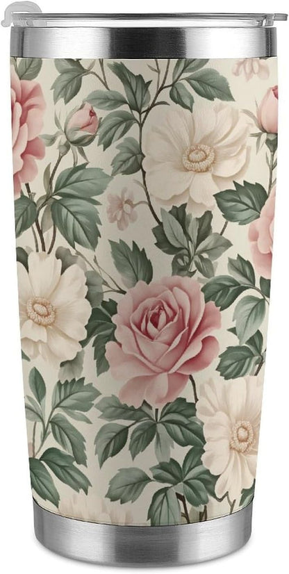 Butterflies Bees Pink Purple White Flowers 20 Oz Insulated Tumbler with Lid And Straw, Double Silver Rim Stainless Steel Travel Coffee Mug, Vacuum Leakproof Cup for Car, Office & Camping