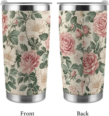 Butterflies Bees Pink Purple White Flowers 20 Oz Insulated Tumbler with Lid And Straw, Double Silver Rim Stainless Steel Travel Coffee Mug, Vacuum Leakproof Cup for Car, Office & Camping