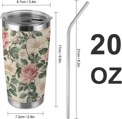 Butterflies Bees Pink Purple White Flowers 20 Oz Insulated Tumbler with Lid And Straw, Double Silver Rim Stainless Steel Travel Coffee Mug, Vacuum Leakproof Cup for Car, Office & Camping