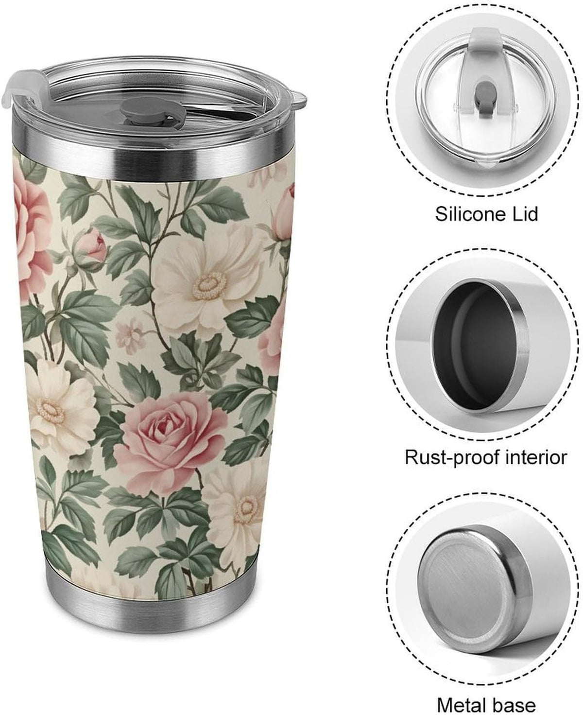 Butterflies Bees Pink Purple White Flowers 20 Oz Insulated Tumbler with Lid And Straw, Double Silver Rim Stainless Steel Travel Coffee Mug, Vacuum Leakproof Cup for Car, Office & Camping