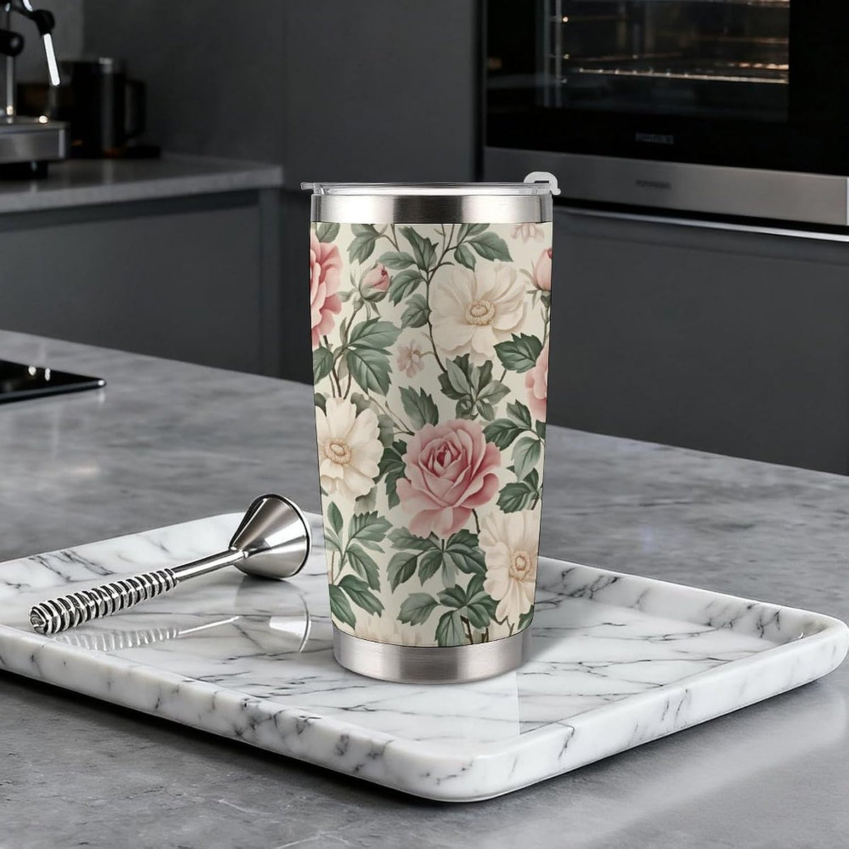 Butterflies Bees Pink Purple White Flowers 20 Oz Insulated Tumbler with Lid And Straw, Double Silver Rim Stainless Steel Travel Coffee Mug, Vacuum Leakproof Cup for Car, Office & Camping