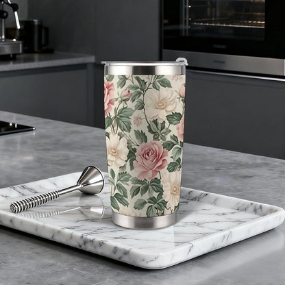 Butterflies Bees Pink Purple White Flowers 20 Oz Insulated Tumbler with Lid And Straw, Double Silver Rim Stainless Steel Travel Coffee Mug, Vacuum Leakproof Cup for Car, Office & Camping