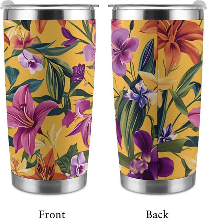 Butterflies Bees Pink Purple White Flowers 20 Oz Insulated Tumbler with Lid And Straw, Double Silver Rim Stainless Steel Travel Coffee Mug, Vacuum Leakproof Cup for Car, Office & Camping