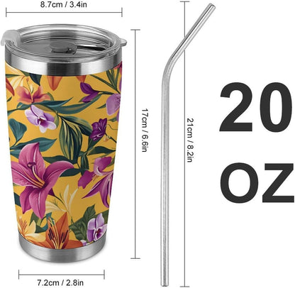 Butterflies Bees Pink Purple White Flowers 20 Oz Insulated Tumbler with Lid And Straw, Double Silver Rim Stainless Steel Travel Coffee Mug, Vacuum Leakproof Cup for Car, Office & Camping