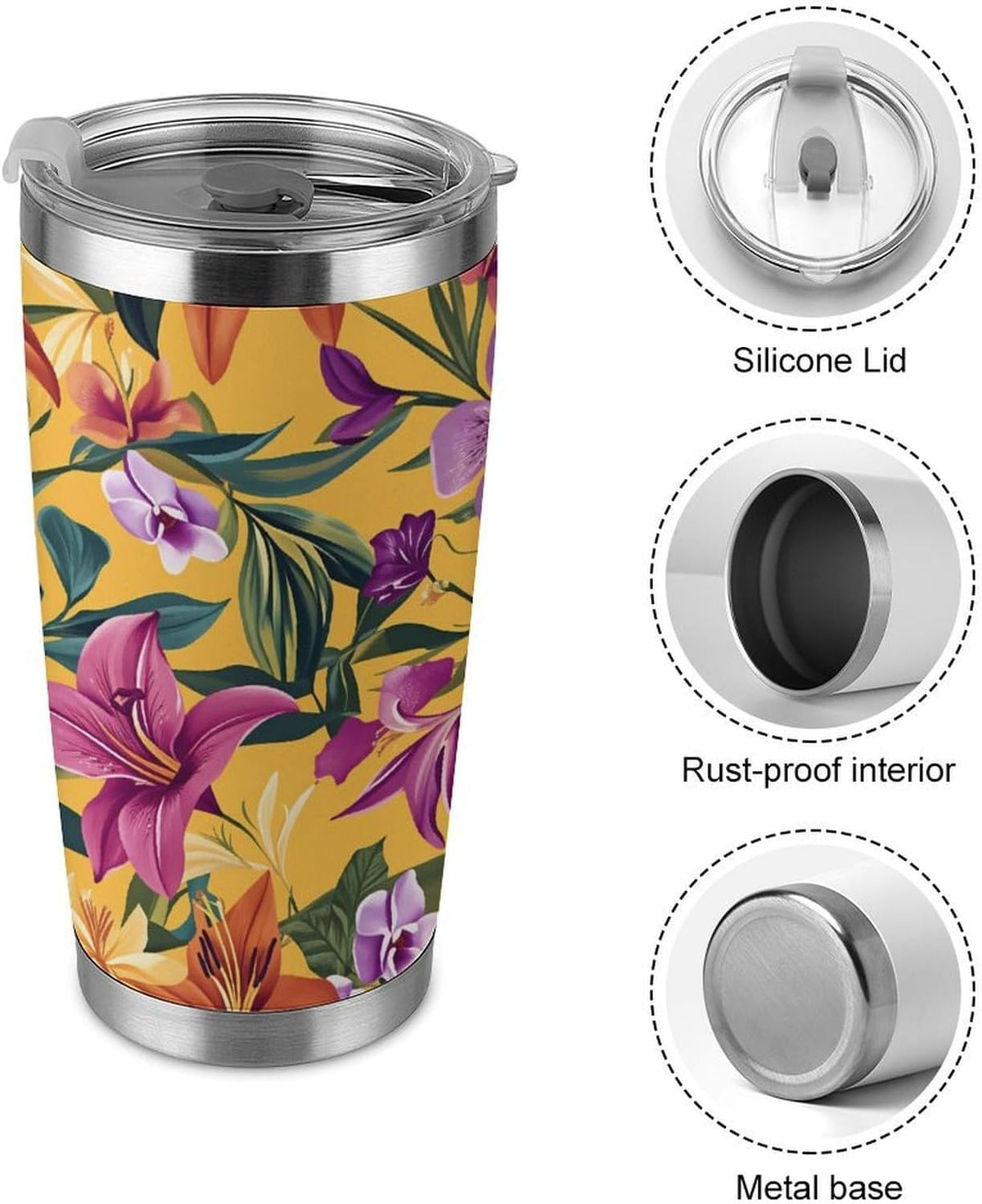 Butterflies Bees Pink Purple White Flowers 20 Oz Insulated Tumbler with Lid And Straw, Double Silver Rim Stainless Steel Travel Coffee Mug, Vacuum Leakproof Cup for Car, Office & Camping