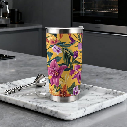 Butterflies Bees Pink Purple White Flowers 20 Oz Insulated Tumbler with Lid And Straw, Double Silver Rim Stainless Steel Travel Coffee Mug, Vacuum Leakproof Cup for Car, Office & Camping