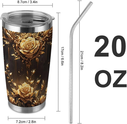 Butterflies Bees Pink Purple White Flowers 20 Oz Insulated Tumbler with Lid And Straw, Double Silver Rim Stainless Steel Travel Coffee Mug, Vacuum Leakproof Cup for Car, Office & Camping