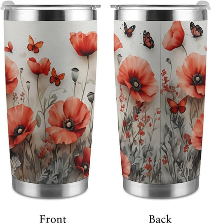 Butterflies Bees Pink Purple White Flowers 20 Oz Insulated Tumbler with Lid And Straw, Double Silver Rim Stainless Steel Travel Coffee Mug, Vacuum Leakproof Cup for Car, Office & Camping
