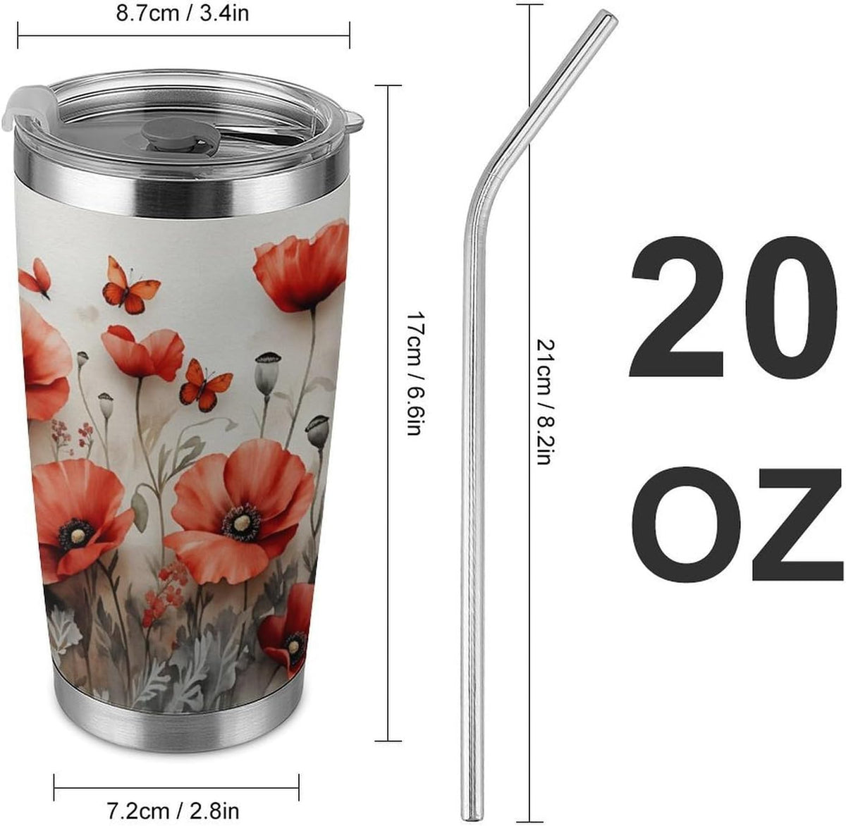 Butterflies Bees Pink Purple White Flowers 20 Oz Insulated Tumbler with Lid And Straw, Double Silver Rim Stainless Steel Travel Coffee Mug, Vacuum Leakproof Cup for Car, Office & Camping
