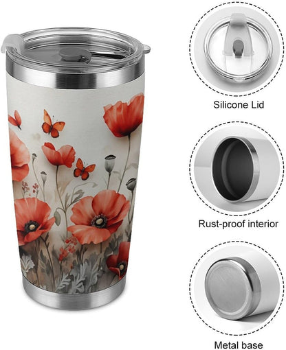 Butterflies Bees Pink Purple White Flowers 20 Oz Insulated Tumbler with Lid And Straw, Double Silver Rim Stainless Steel Travel Coffee Mug, Vacuum Leakproof Cup for Car, Office & Camping