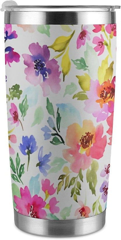 Butterflies Bees Pink Purple White Flowers 20 Oz Insulated Tumbler with Lid And Straw, Double Silver Rim Stainless Steel Travel Coffee Mug, Vacuum Leakproof Cup for Car, Office & Camping