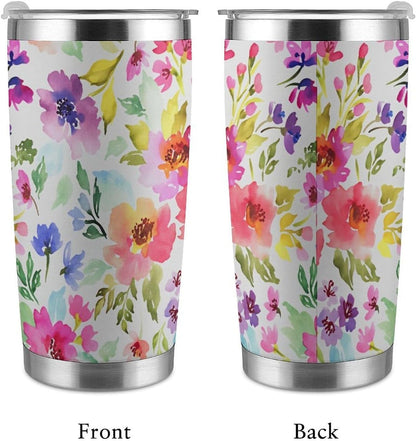Butterflies Bees Pink Purple White Flowers 20 Oz Insulated Tumbler with Lid And Straw, Double Silver Rim Stainless Steel Travel Coffee Mug, Vacuum Leakproof Cup for Car, Office & Camping