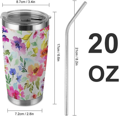Butterflies Bees Pink Purple White Flowers 20 Oz Insulated Tumbler with Lid And Straw, Double Silver Rim Stainless Steel Travel Coffee Mug, Vacuum Leakproof Cup for Car, Office & Camping