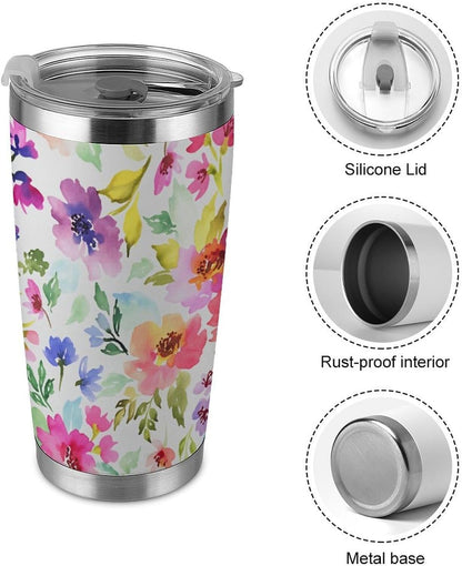 Butterflies Bees Pink Purple White Flowers 20 Oz Insulated Tumbler with Lid And Straw, Double Silver Rim Stainless Steel Travel Coffee Mug, Vacuum Leakproof Cup for Car, Office & Camping