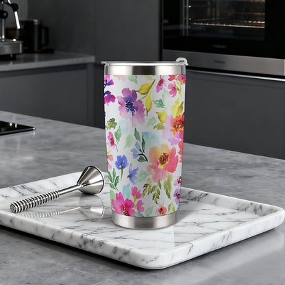Butterflies Bees Pink Purple White Flowers 20 Oz Insulated Tumbler with Lid And Straw, Double Silver Rim Stainless Steel Travel Coffee Mug, Vacuum Leakproof Cup for Car, Office & Camping
