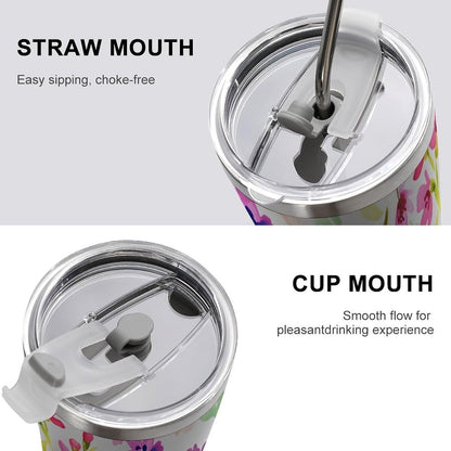 Butterflies Bees Pink Purple White Flowers 20 Oz Insulated Tumbler with Lid And Straw, Double Silver Rim Stainless Steel Travel Coffee Mug, Vacuum Leakproof Cup for Car, Office & Camping