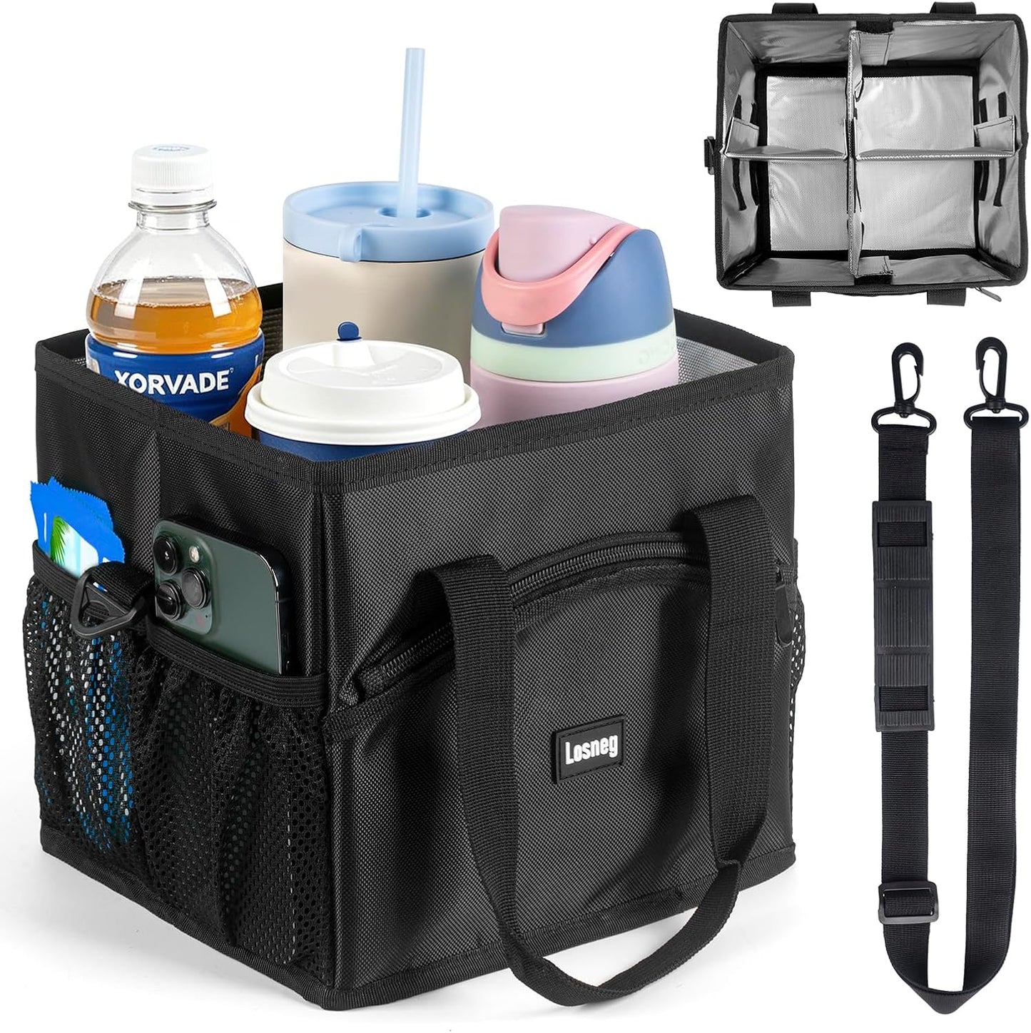 Reusable Drink Carrier Tote Bag for 4 Cups, Water Bottle Holder Caddy with Shoulder Strap & Handles, Foldable, Adjustable, Portable for Multi Beverage, Car, Travel, Family, Teachers - Black