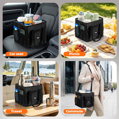 Reusable Drink Carrier Tote Bag for 4 Cups, Water Bottle Holder Caddy with Shoulder Strap & Handles, Foldable, Adjustable, Portable for Multi Beverage, Car, Travel, Family, Teachers - Black