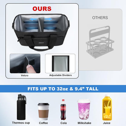 Reusable 3 Cup Insulated Drink Carrier with Handle | Collapsible beverage bag, no-spill base, adjustable divider, luggage strap, portable caddy for delivery, car, travel