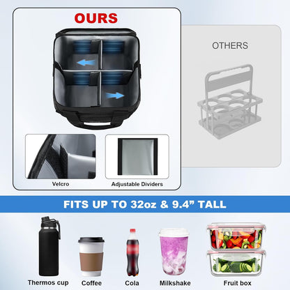 Reusable 3 Cup Insulated Drink Carrier with Handle | Collapsible beverage bag, no-spill base, adjustable divider, luggage strap, portable caddy for delivery, car, travel