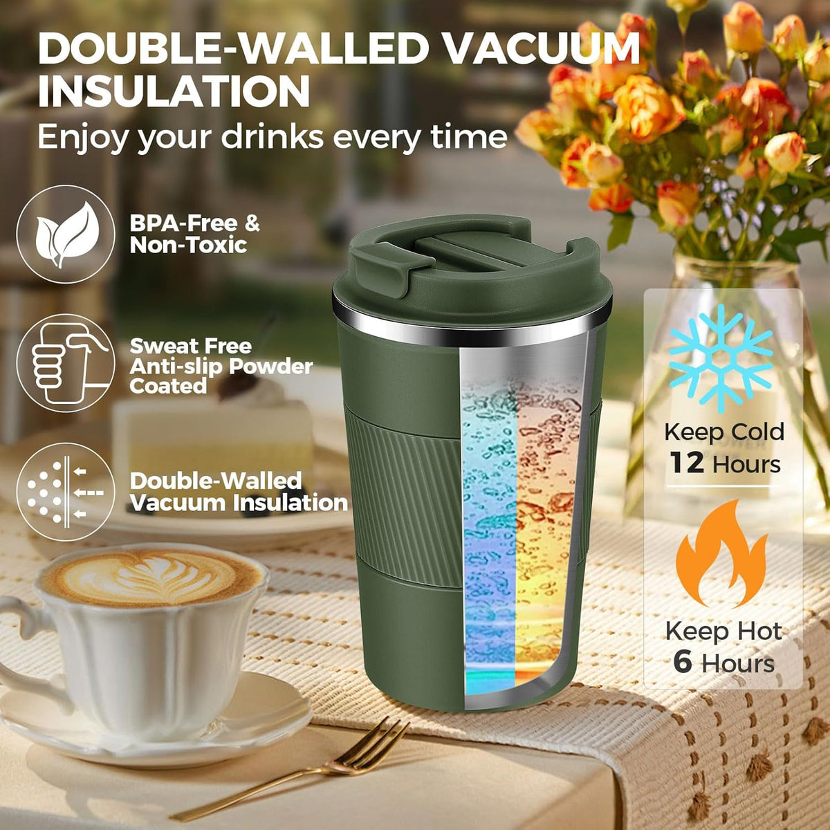 Volhoply 13 oz Stainless Steel Insulated Travel Coffee Mug with Fip Lid,Reusable Double Wall Vacuum Metal Coffee Cup,Portable to Go Leak Proof Cafe Thermal Tumbler for Hot & Cold Drinks(Pink,1)