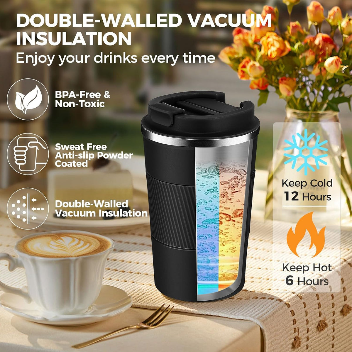Volhoply 13 oz Stainless Steel Insulated Travel Coffee Mug with Fip Lid,Reusable Double Wall Vacuum Metal Coffee Cup,Portable to Go Leak Proof Cafe Thermal Tumbler for Hot & Cold Drinks(Pink,1)