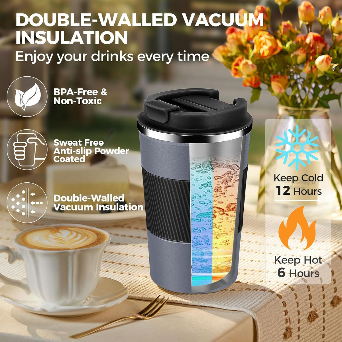 Volhoply 13 oz Stainless Steel Insulated Travel Coffee Mug with Fip Lid,Reusable Double Wall Vacuum Metal Coffee Cup,Portable to Go Leak Proof Cafe Thermal Tumbler for Hot & Cold Drinks(Pink,1)
