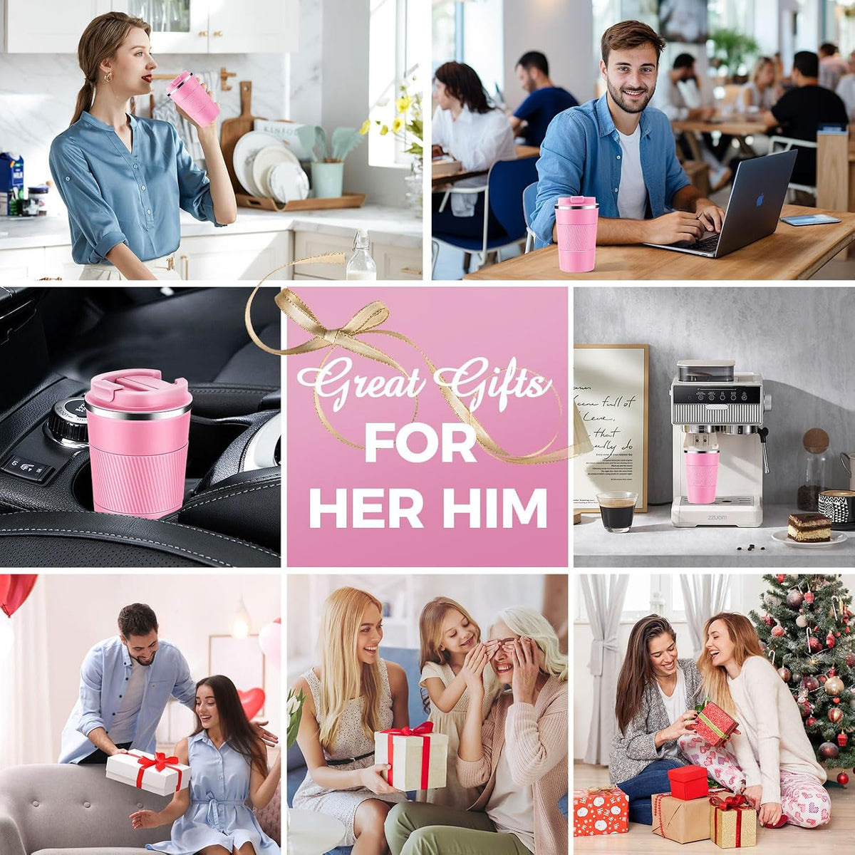 Volhoply 13 oz Stainless Steel Insulated Travel Coffee Mug with Fip Lid,Reusable Double Wall Vacuum Metal Coffee Cup,Portable to Go Leak Proof Cafe Thermal Tumbler for Hot & Cold Drinks(Pink,1)