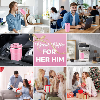 Volhoply 13 oz Stainless Steel Insulated Travel Coffee Mug with Fip Lid,Reusable Double Wall Vacuum Metal Coffee Cup,Portable to Go Leak Proof Cafe Thermal Tumbler for Hot & Cold Drinks(Pink,1)