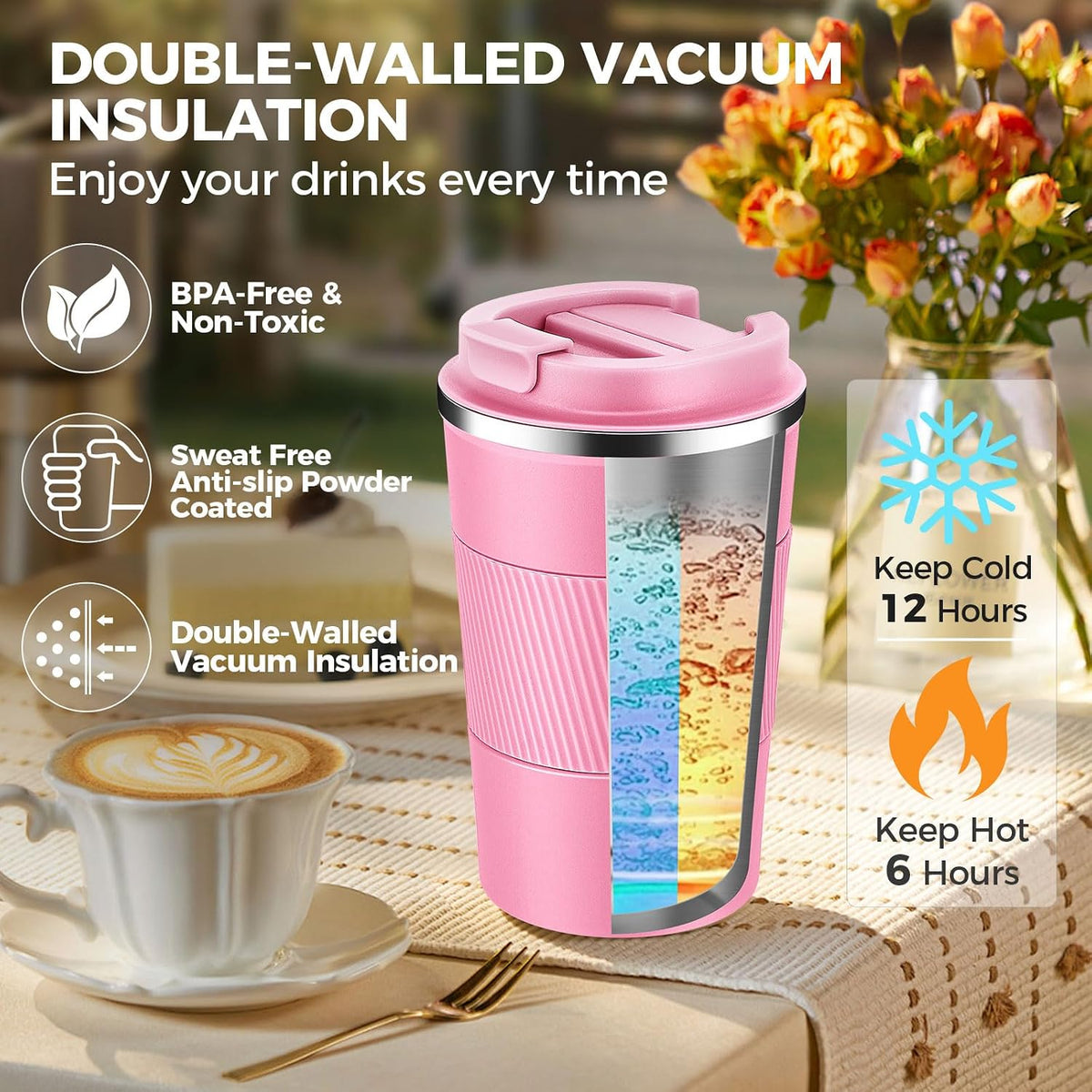 Volhoply 13 oz Stainless Steel Insulated Travel Coffee Mug with Fip Lid,Reusable Double Wall Vacuum Metal Coffee Cup,Portable to Go Leak Proof Cafe Thermal Tumbler for Hot & Cold Drinks(Pink,1)