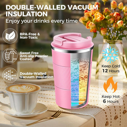 Volhoply 13 oz Stainless Steel Insulated Travel Coffee Mug with Fip Lid,Reusable Double Wall Vacuum Metal Coffee Cup,Portable to Go Leak Proof Cafe Thermal Tumbler for Hot & Cold Drinks(Pink,1)