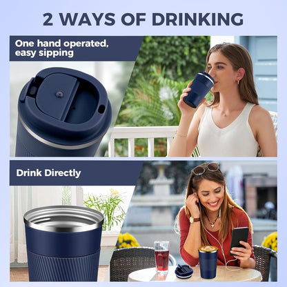Volhoply 13 oz Stainless Steel Insulated Travel Coffee Mug with Fip Lid,Reusable Double Wall Vacuum Metal Coffee Cup,Portable to Go Leak Proof Cafe Thermal Tumbler for Hot & Cold Drinks(Pink,1)